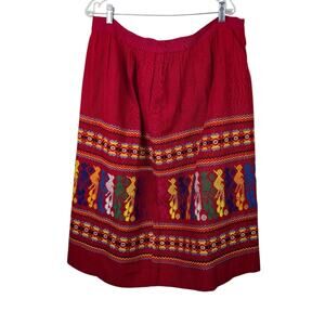 Handmade Guatemalan Red Mexican Skirt Colorful Embroidered Peasant Ethnic XL